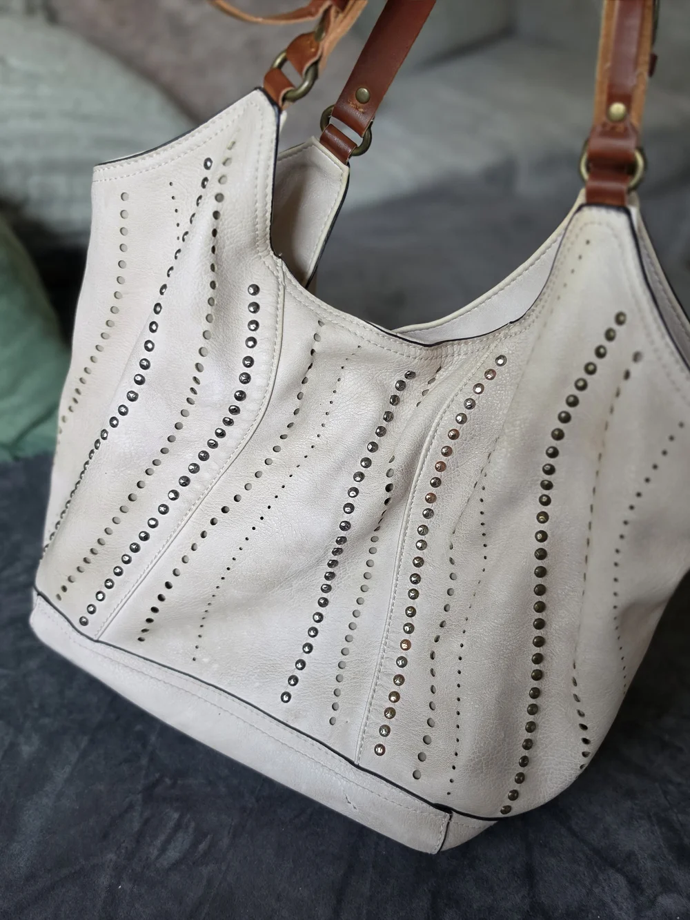 Silver Jeans Cream Faux Leather Shoulder Bag with Brown Straps